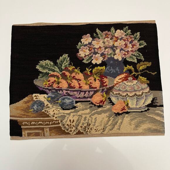 Vintage Needlepoint Canvas of Flowers and Fruit on Table - 1965 - Picture 1 of 5
